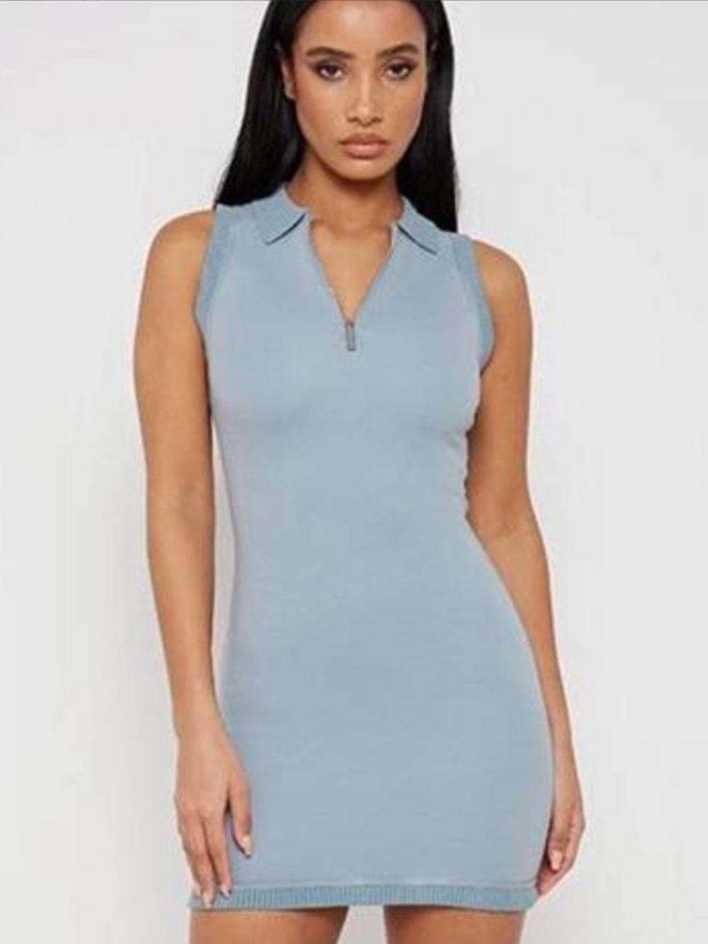 Maniere De Voir Powder Blue Sleeveless Polo Zip Mini Dress